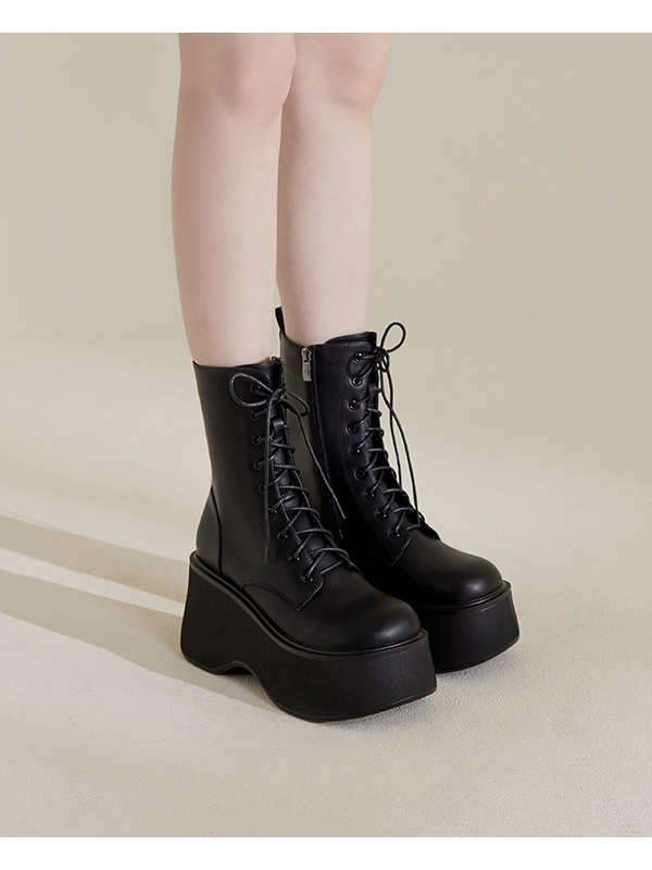 K-pop Girl Thick-Sole Lace-Up Ankle Boots Black