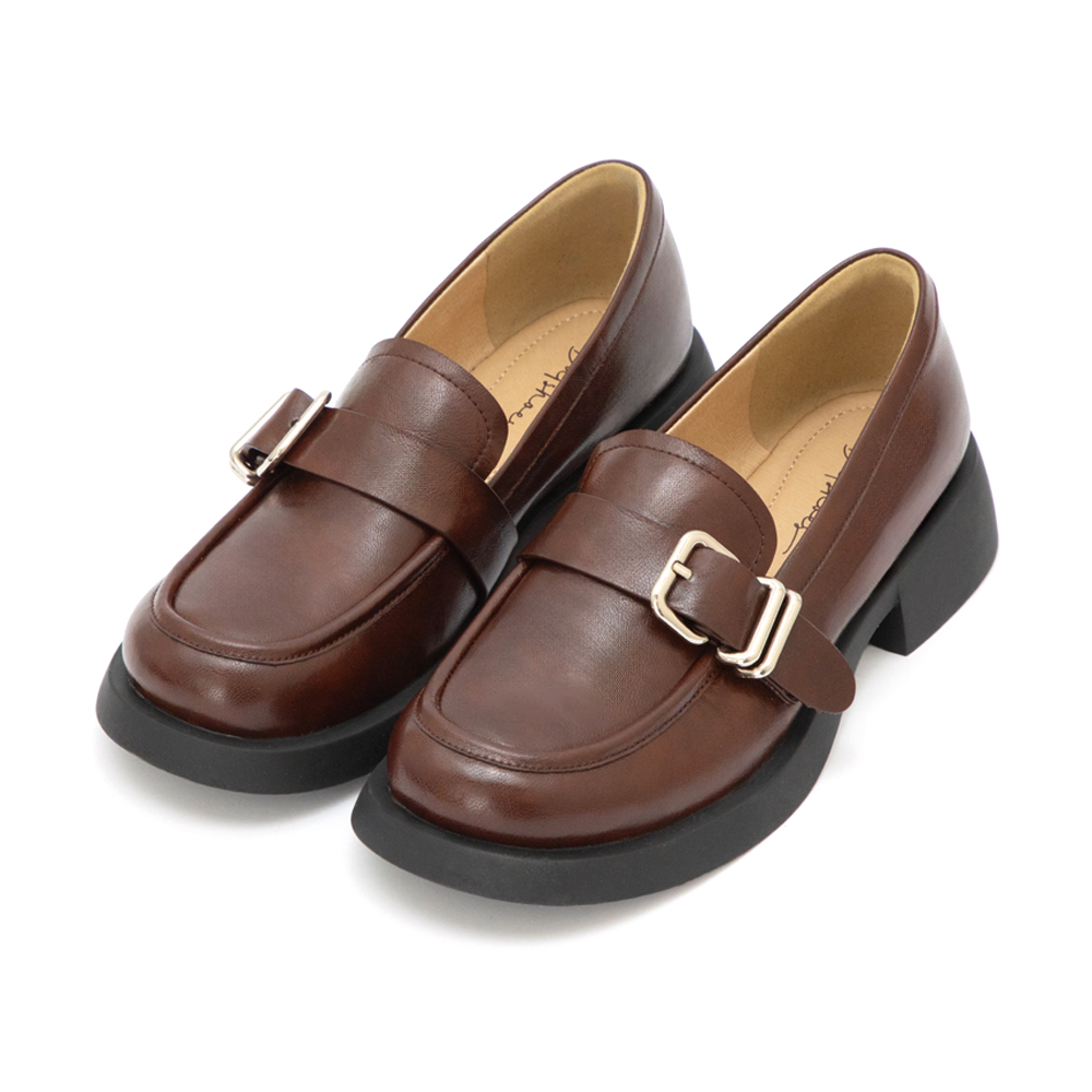 【真皮系列】親膚空氣棉方釦樂福鞋 咖啡色