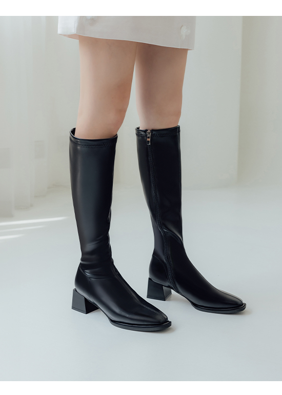 Plain Square Toe Mid-Heel Slimming Boots Black