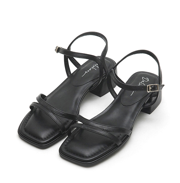 Curved Strap Square Toe Low-Heel Sandals Black