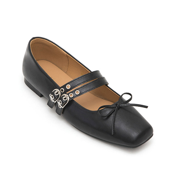 Punk Metal Double Buckle Ballet Flats Black