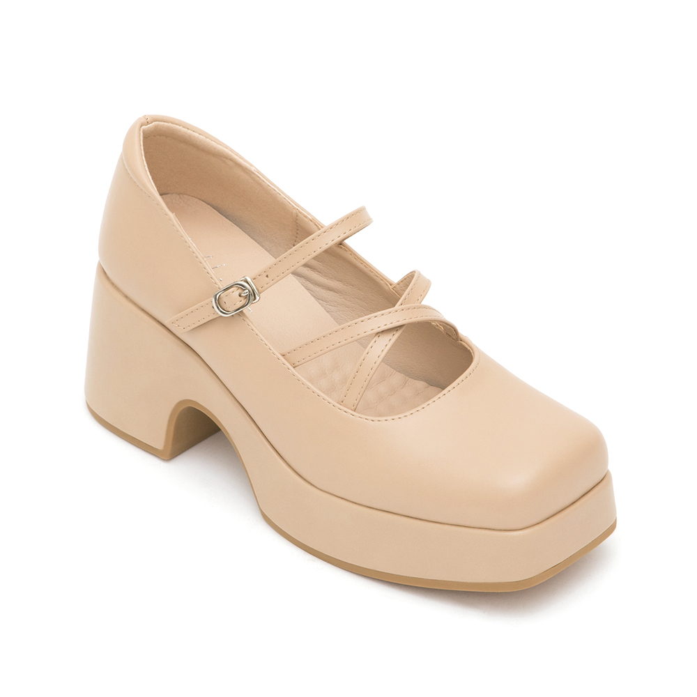 Square-Toe Cross-Strap Mary Jane Shoes Beige