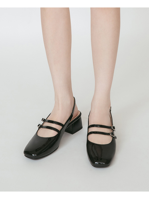 Patent Leather Double Strap Low-Heel Slingback Mary Jane Shoes Black