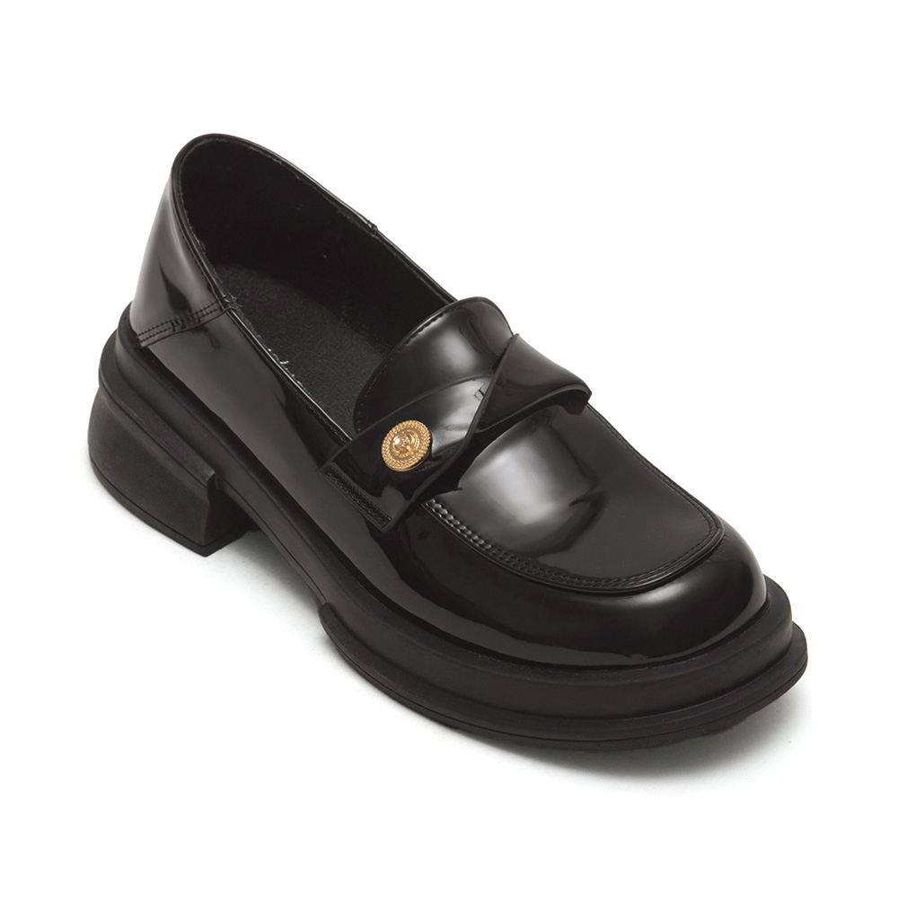 低調貴族．小錢幣扭結方頭樂福鞋 漆皮黑