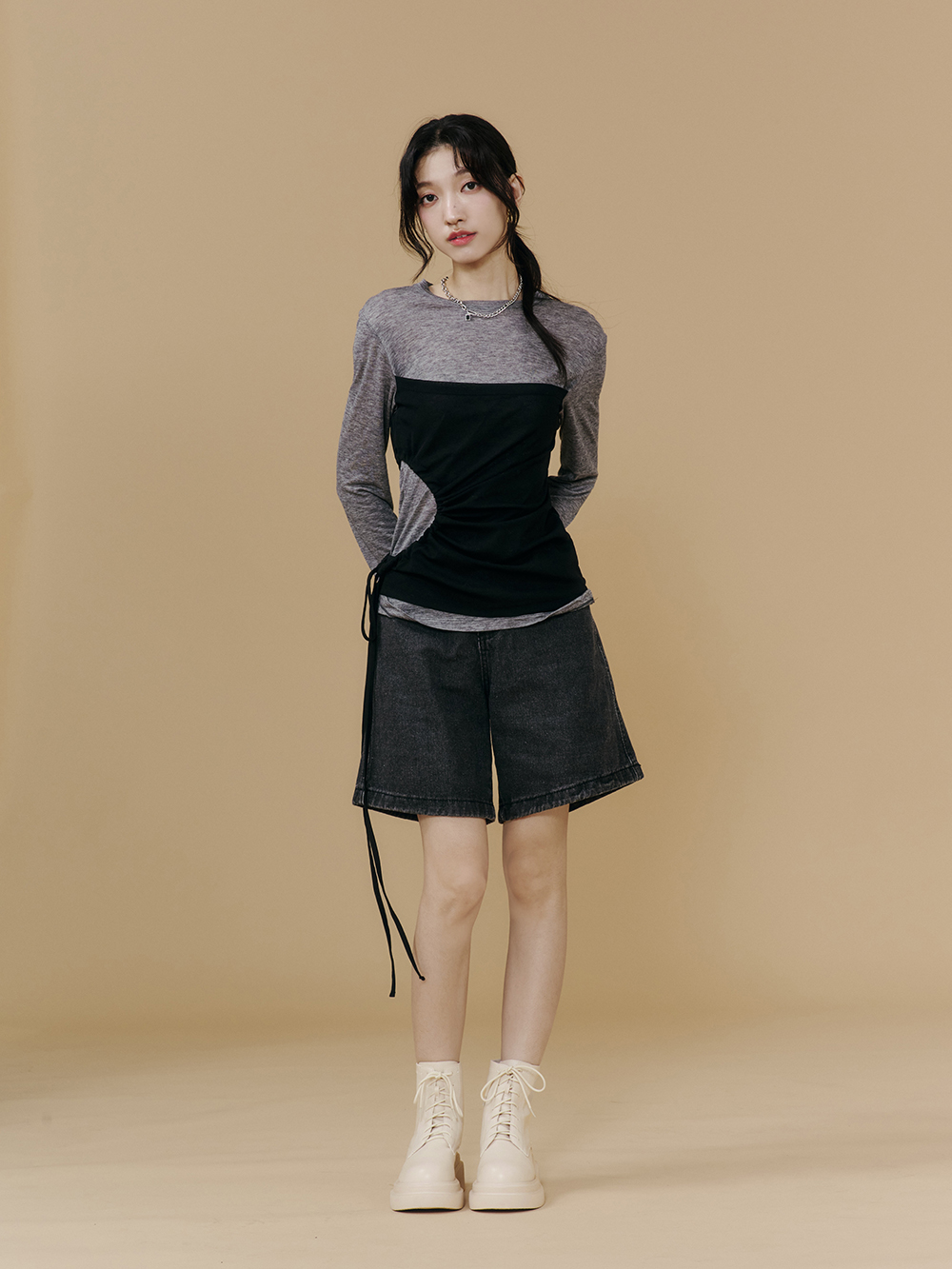 偶像學園輕量厚底綁帶短靴 米白色