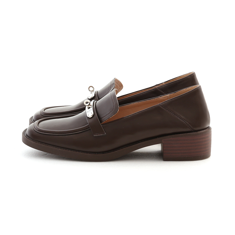 Metal Buckle Wooden Heel Loafers Dark Brown