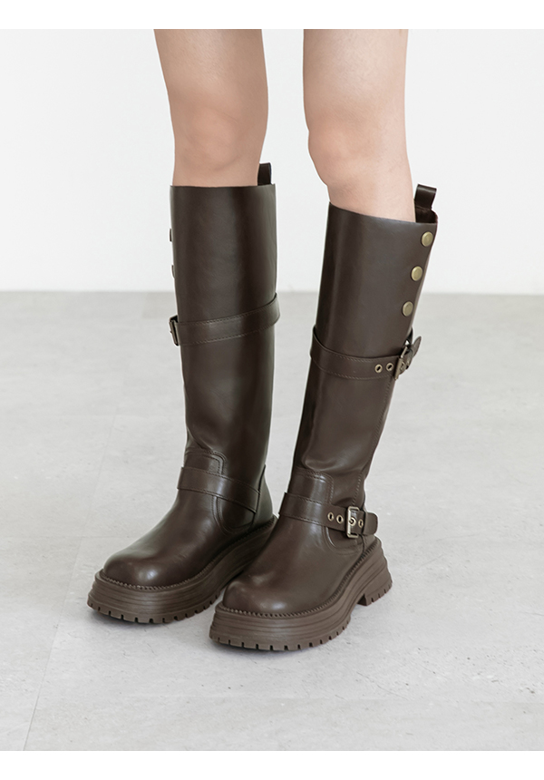 復古騎士釦環排釦機車長靴 咖啡