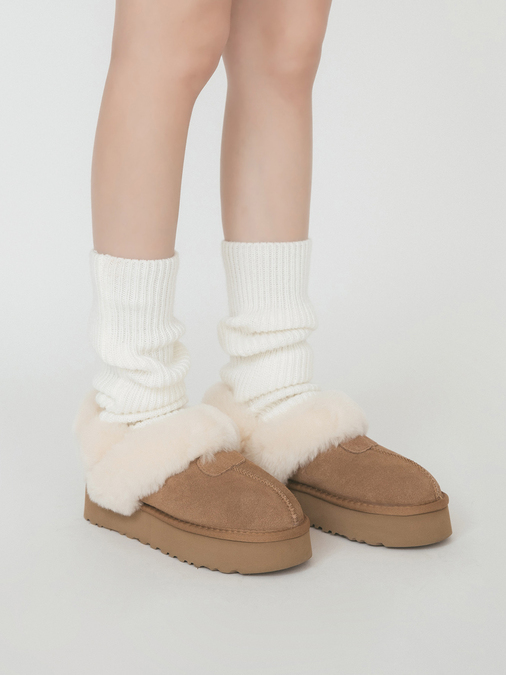 軟綿萌寵．真皮羊毛厚底後拉帶雪靴拖鞋 曠野駝