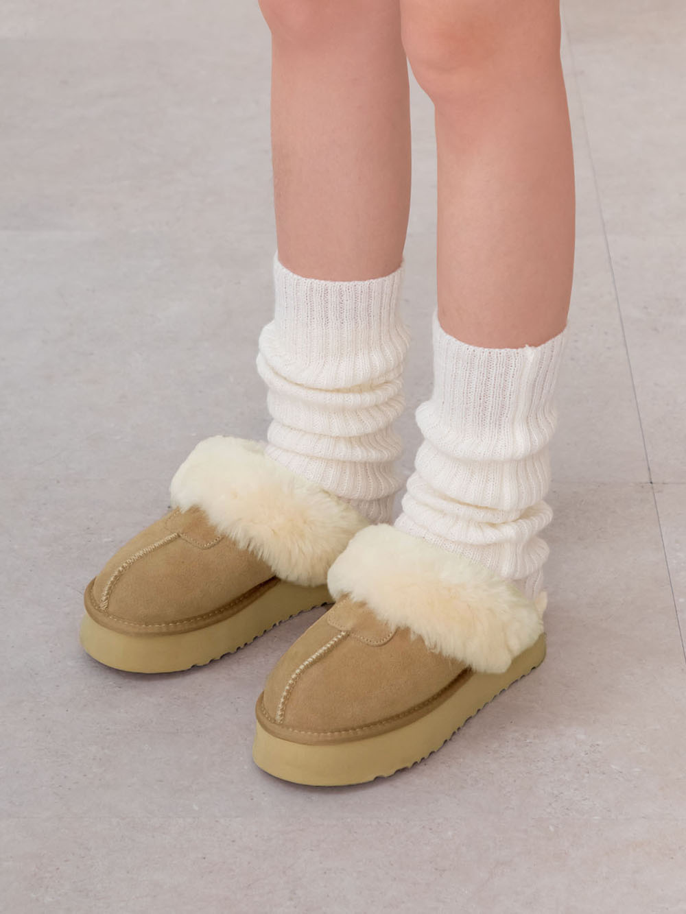 雪地精靈.真皮羊毛厚底雪靴拖鞋 沙色