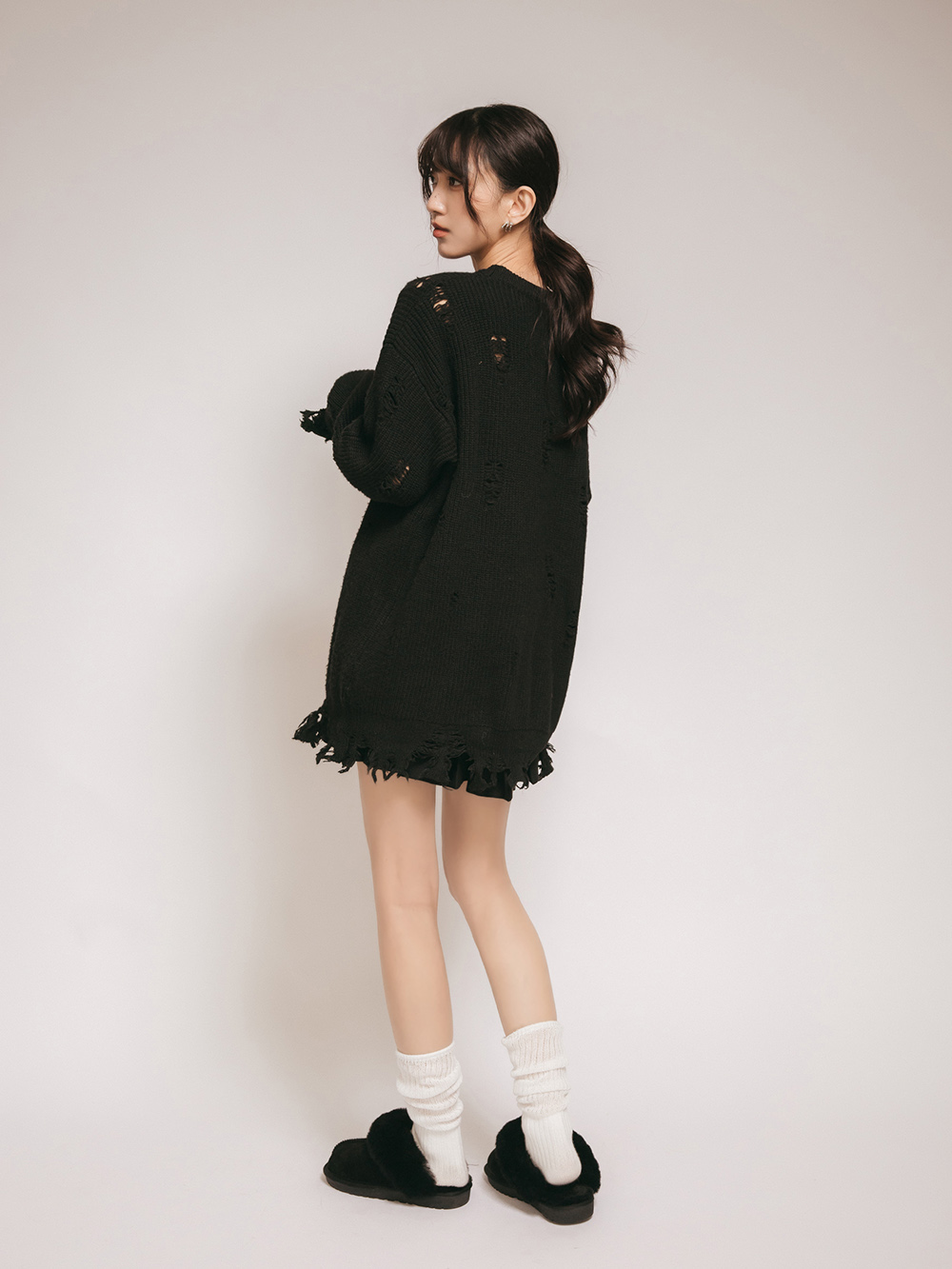 俏皮雪寶.真皮羊毛雪靴拖鞋 時尚黑