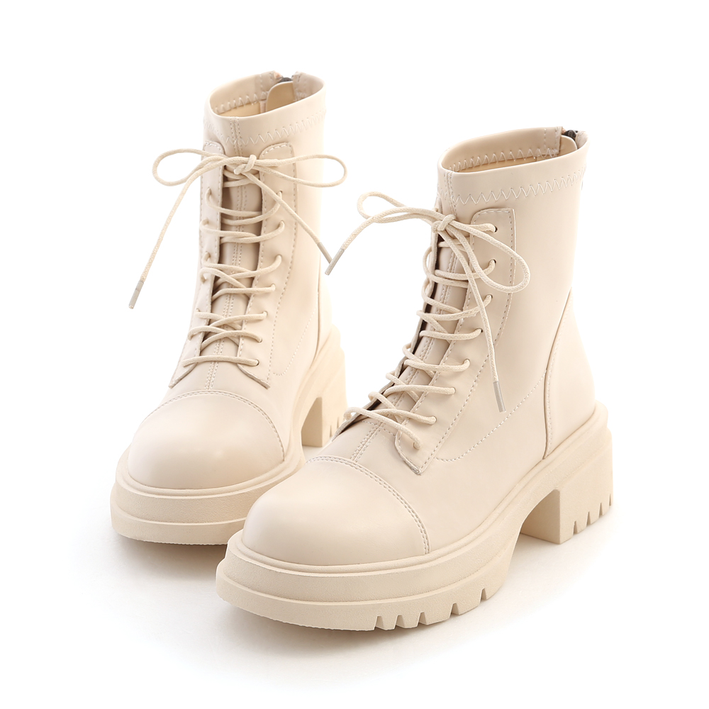 Soft Leather Thick Sole Lace-up Boots French Vanilla White