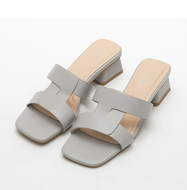 4D Cushion Patchwork Square-Toe Low-Heel Sandals Grey