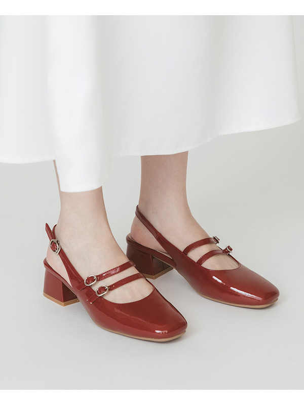 Patent Leather Double Strap Low-Heel Slingback Mary Jane Shoes 磚紅