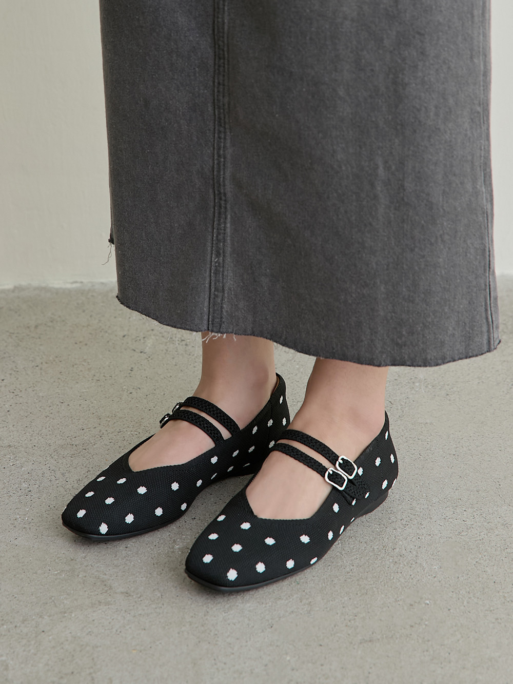【3D零感雲織鞋】雙帶方頭瑪莉珍鞋 點點黑