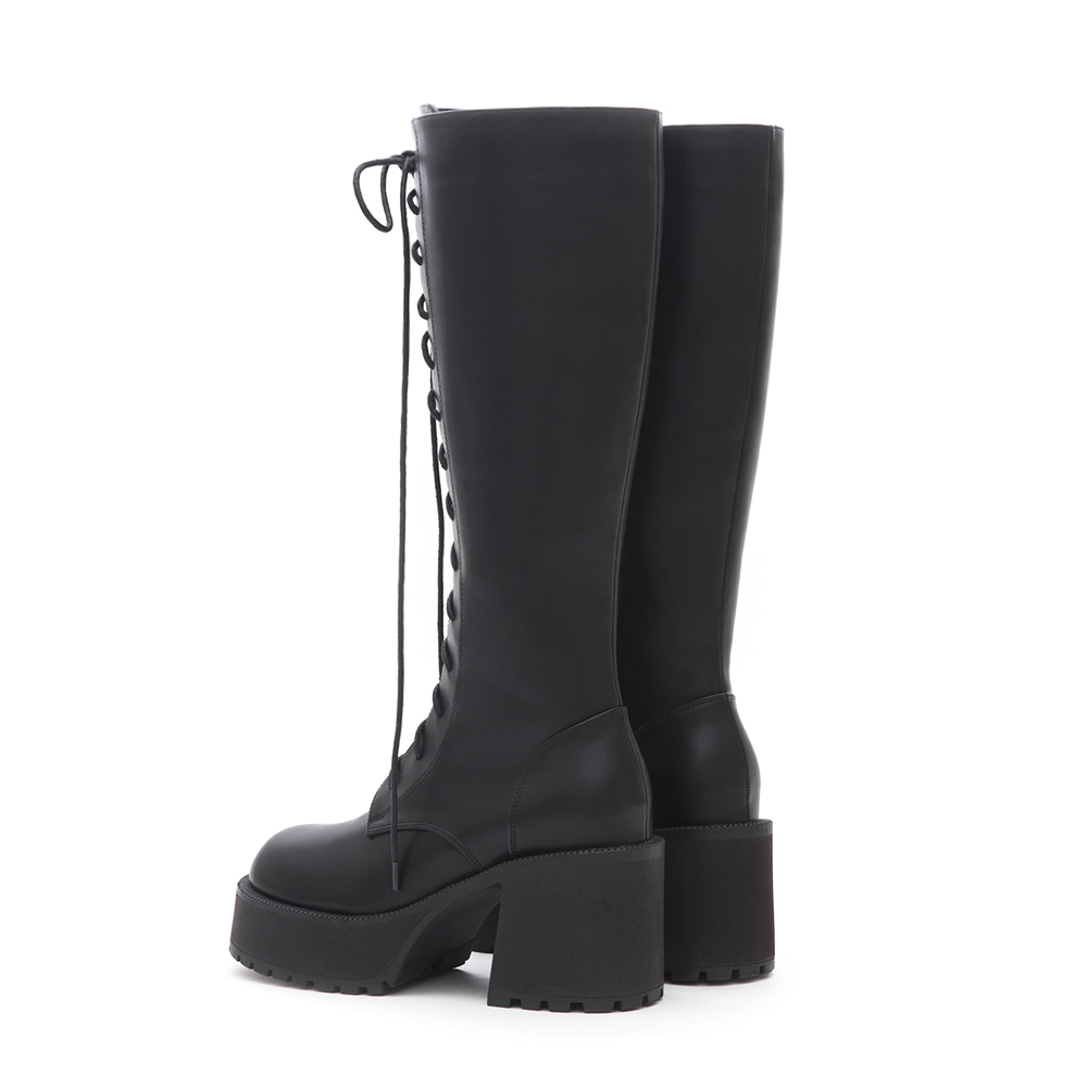 Thick-Sole High-Heel Lace-Up Boots Black