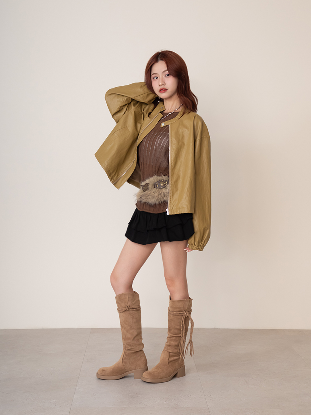 沙漠游牧風流蘇V口西部長靴 杏色