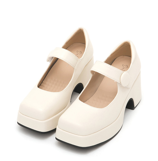 Square-Toe Thick-Soled Mary Jane Shoes Vanilla