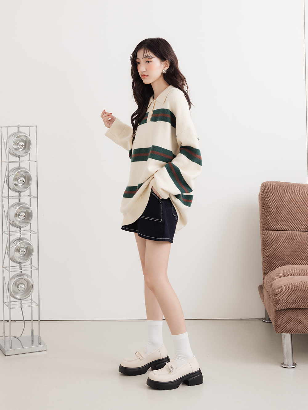 全日舒適小方塊厚底樂福鞋 米白色