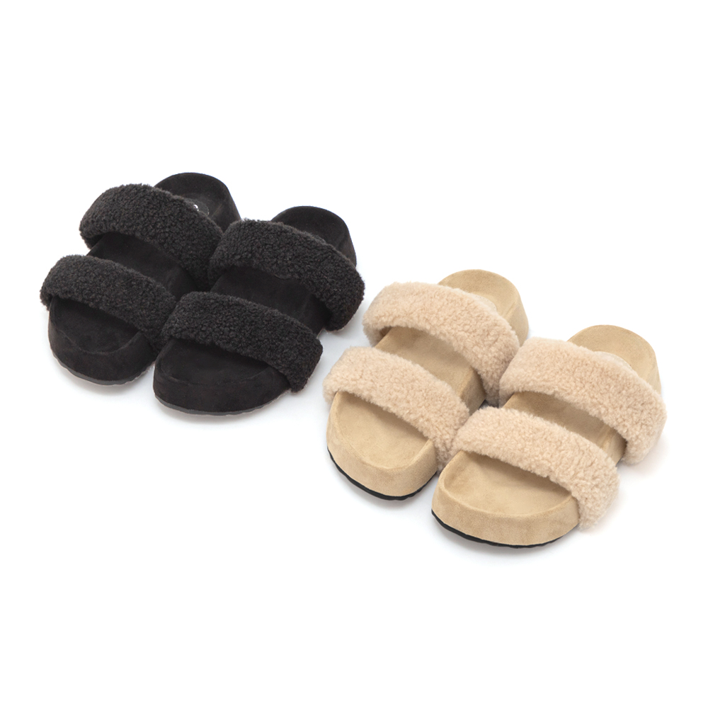 QQ小捲毛一字雙帶厚底拖鞋 黑色