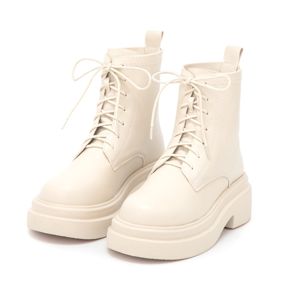 偶像學園輕量厚底綁帶短靴 米白色