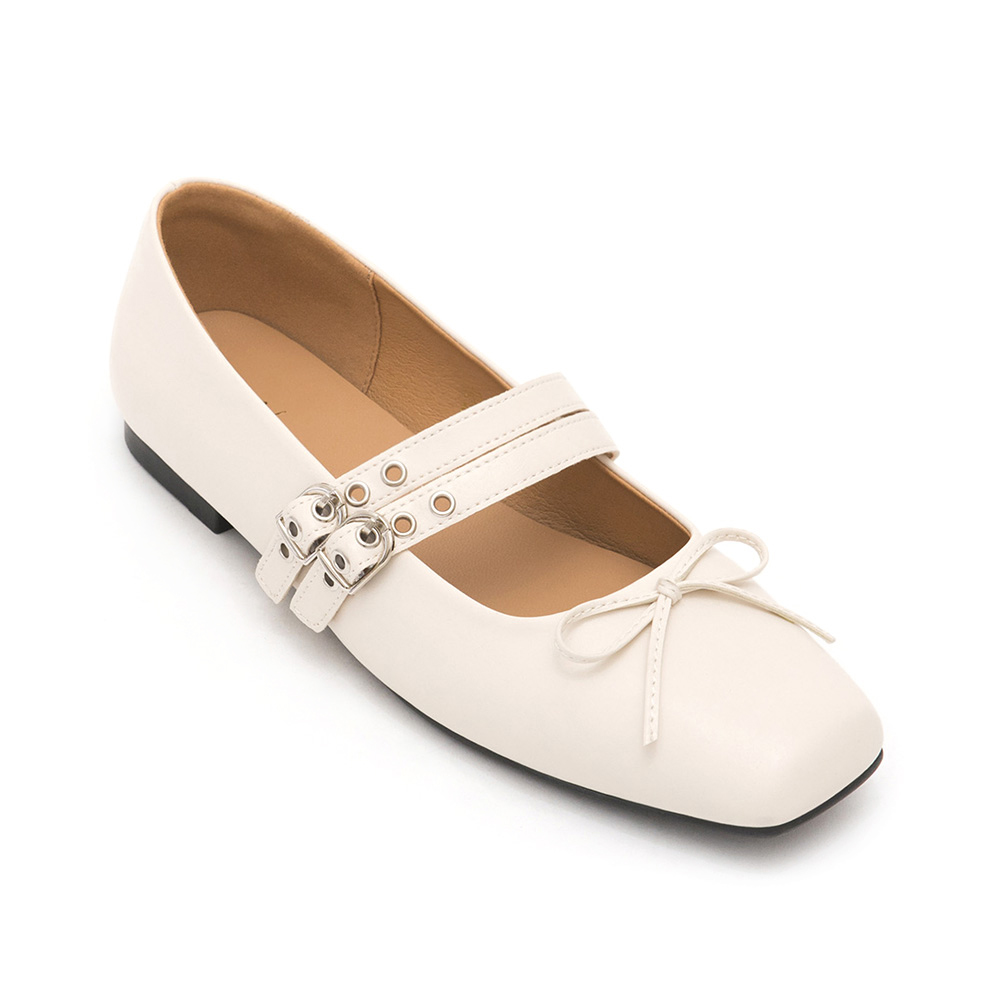 Punk Metal Double Buckle Ballet Flats White