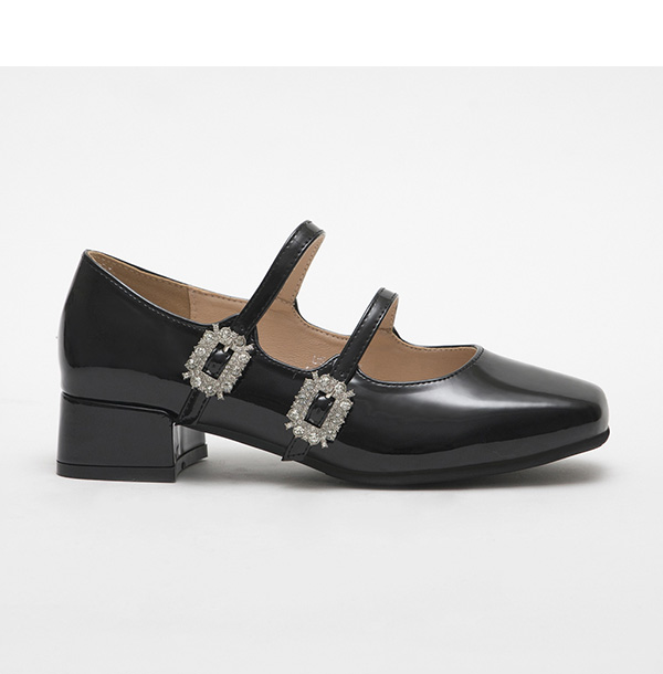 4D Cushioned Double-strap Diamond Buckle Mary Jane Shoes Black