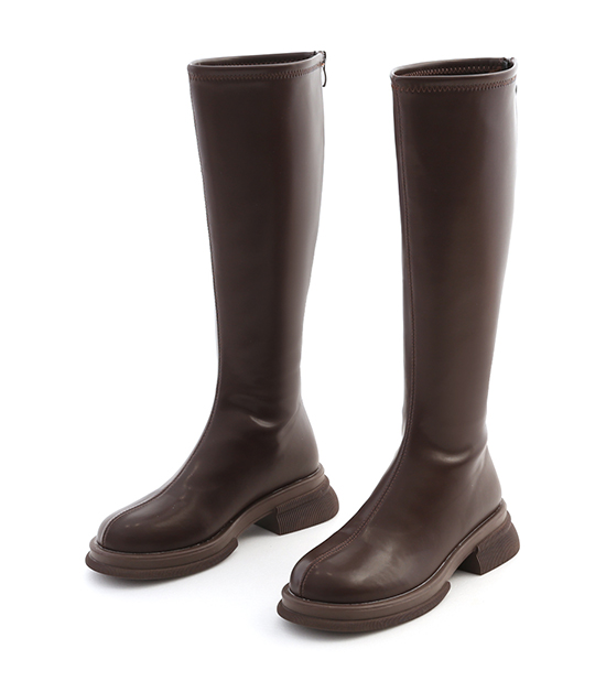 Plain Round Toe Under-The-Knee Boots Dark Brown