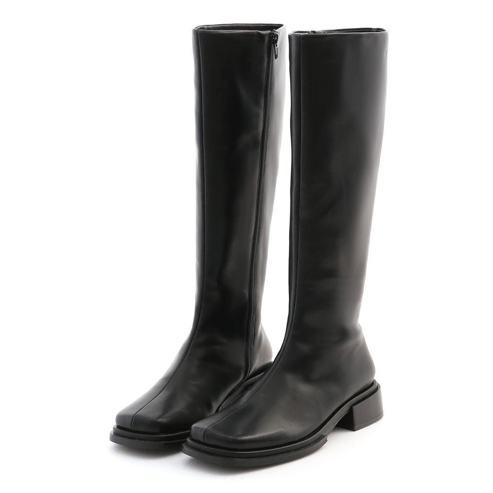 Stitched Line Square Toe Knee Boots Black