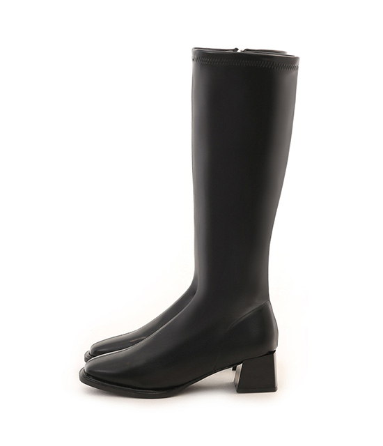 Plain Square Toe Mid-Heel Slimming Boots Black