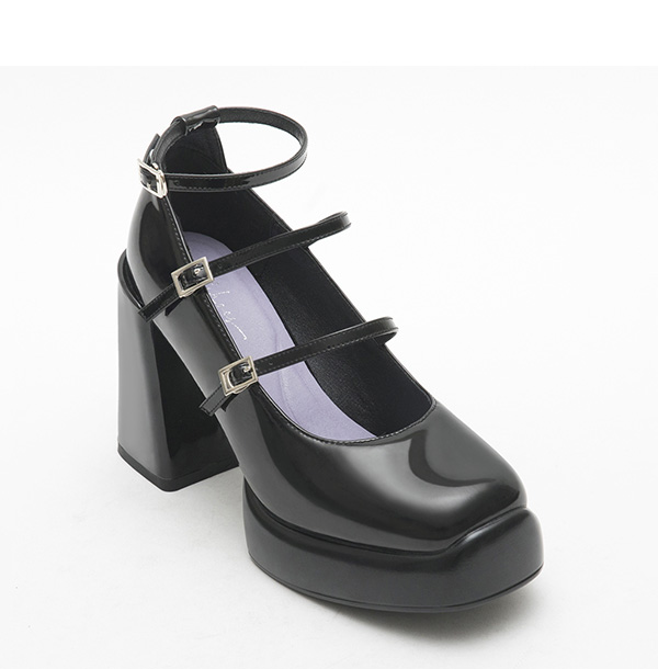 Three-Straps Platform Heel Mary Jane Shoes Black