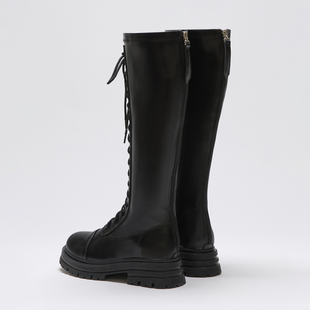 Round Toe Lace-Up Below-The-Knee Tall Boots Black