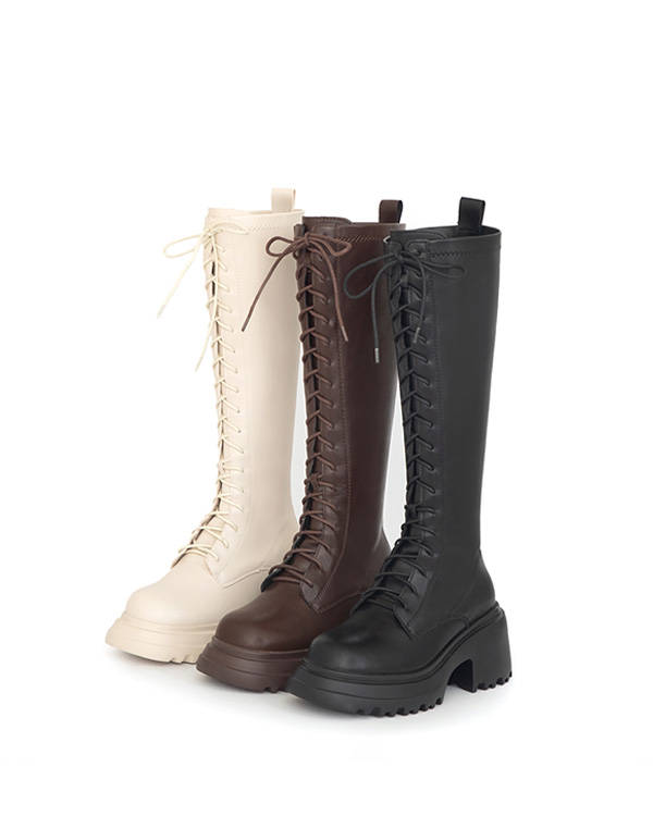 女團風輕量厚底綁帶長靴 咖啡色