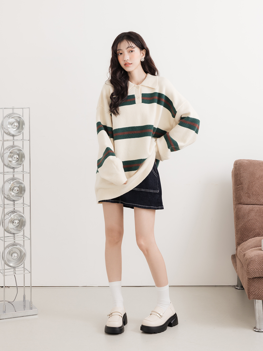 全日舒適小方塊厚底樂福鞋 米白色