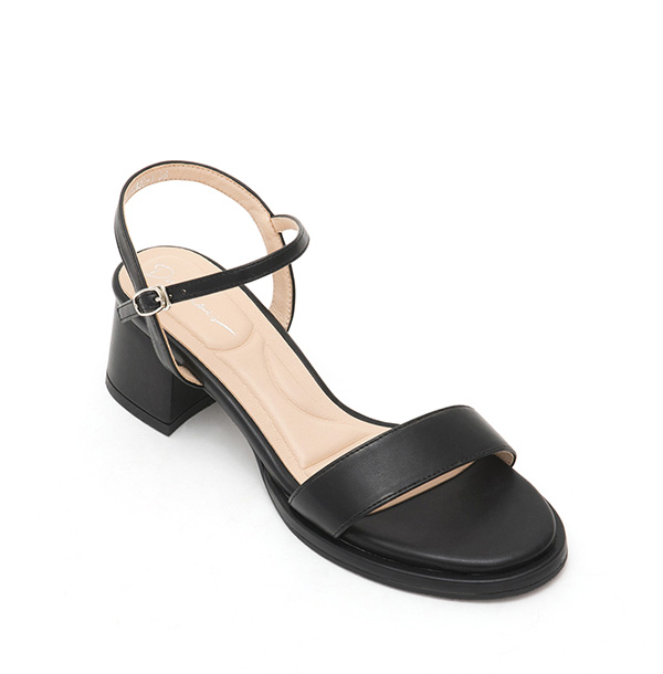 Single Strap Round Toe Mid-Heel Sandals Black