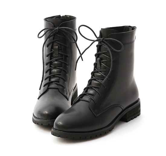 Back Zipper Lace-Up Mid-Tube Boots Black
