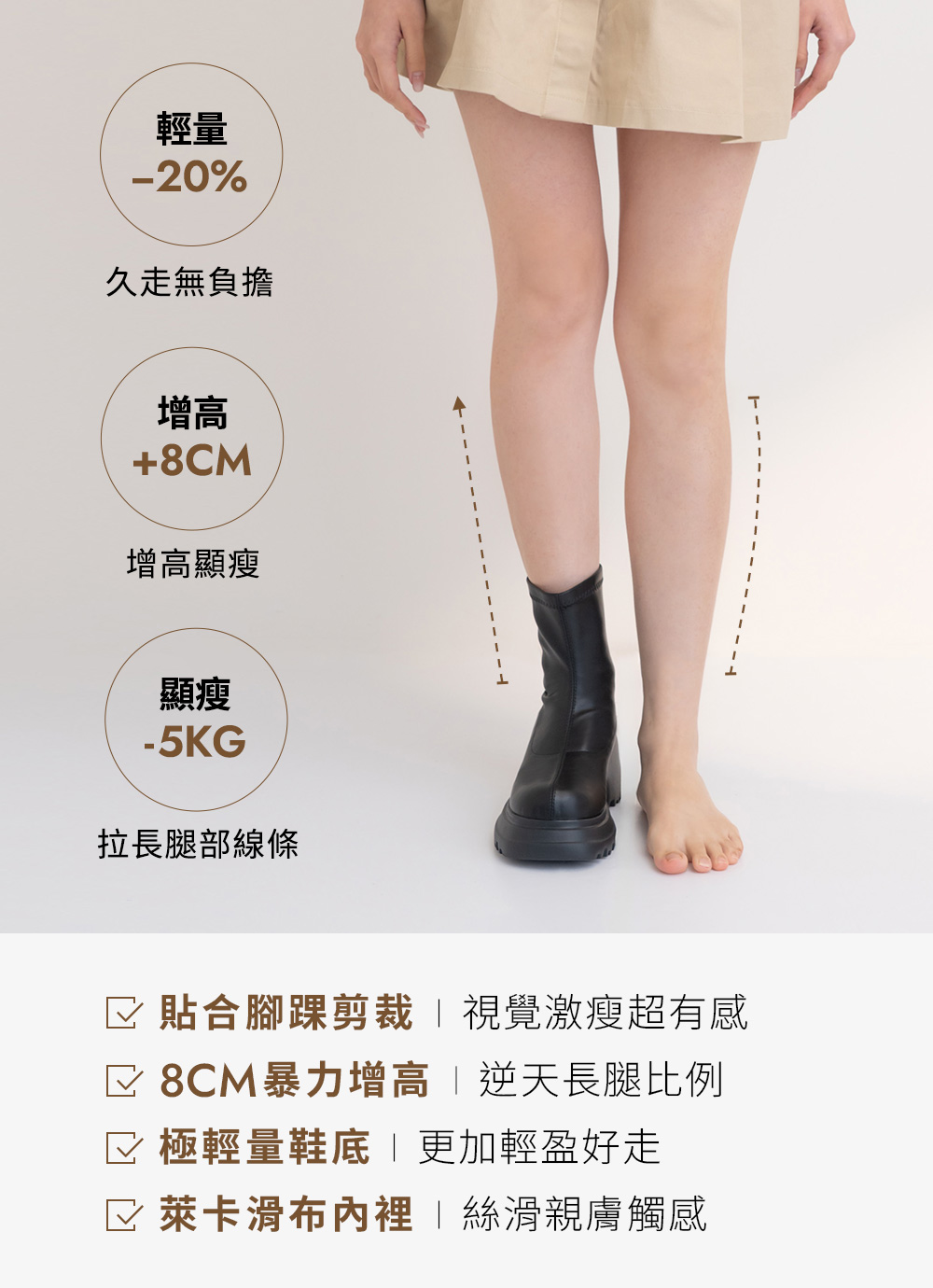 瘦腿密碼輕量厚底瘦瘦短靴 咖啡色