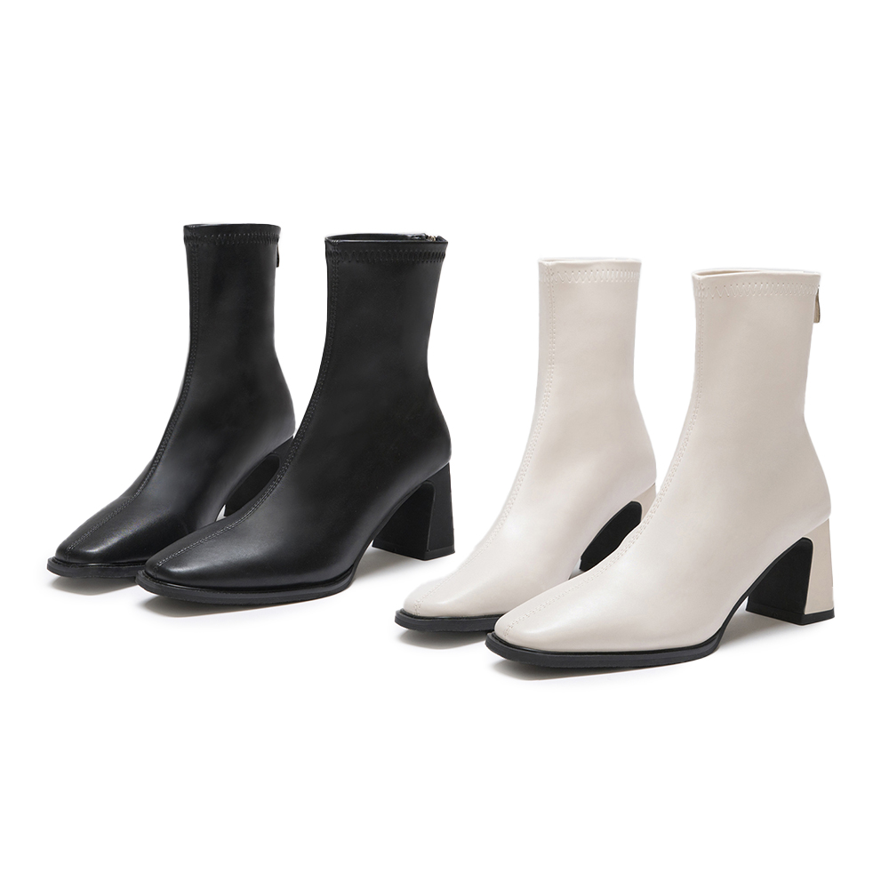 誰穿誰好看．素面方頭高跟瘦瘦靴 時尚黑