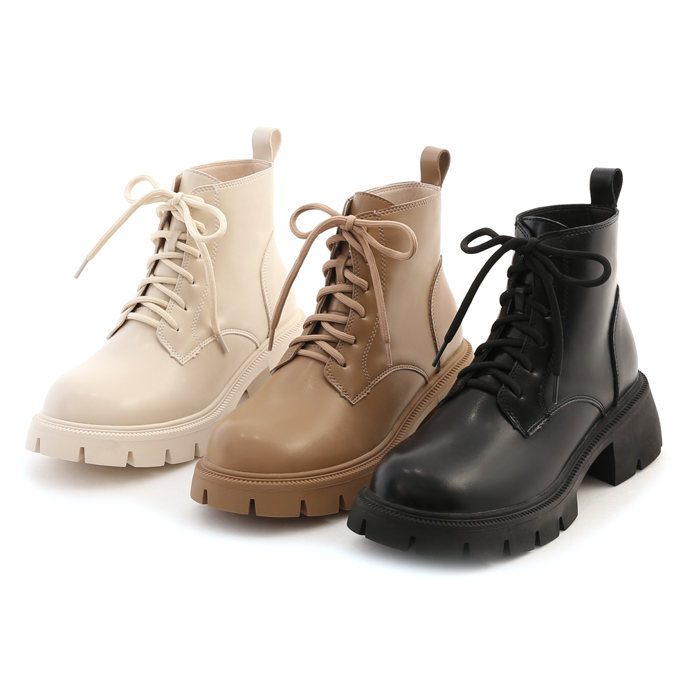 Round Toe Lace-Up Mid-Heel Martin Boots Beige