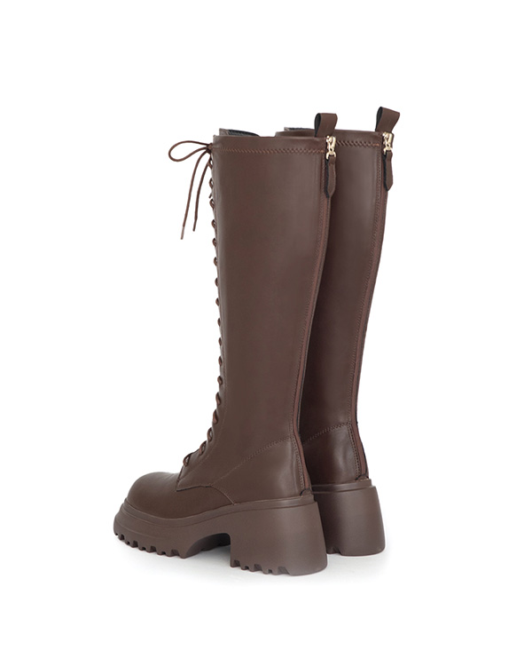 女團風輕量厚底綁帶長靴 咖啡色