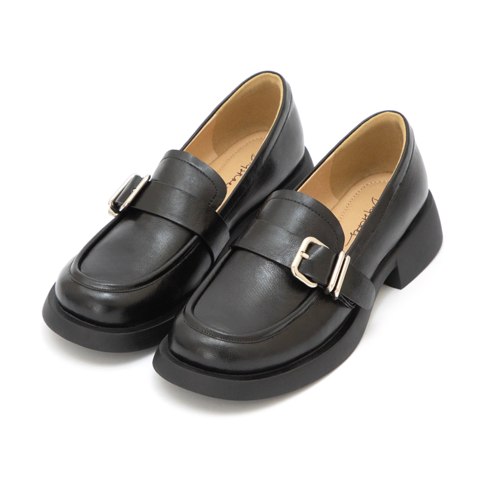 【真皮系列】親膚空氣棉方釦樂福鞋 黑色