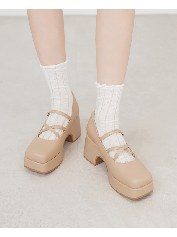 Square-Toe Cross-Strap Mary Jane Shoes Beige