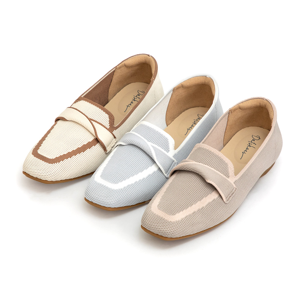 【3D零感雲織鞋】雙色拼接扭結方頭樂福鞋 香草米