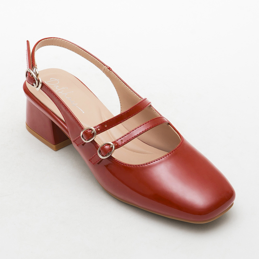 Patent Leather Double Strap Low-Heel Slingback Mary Jane Shoes 磚紅