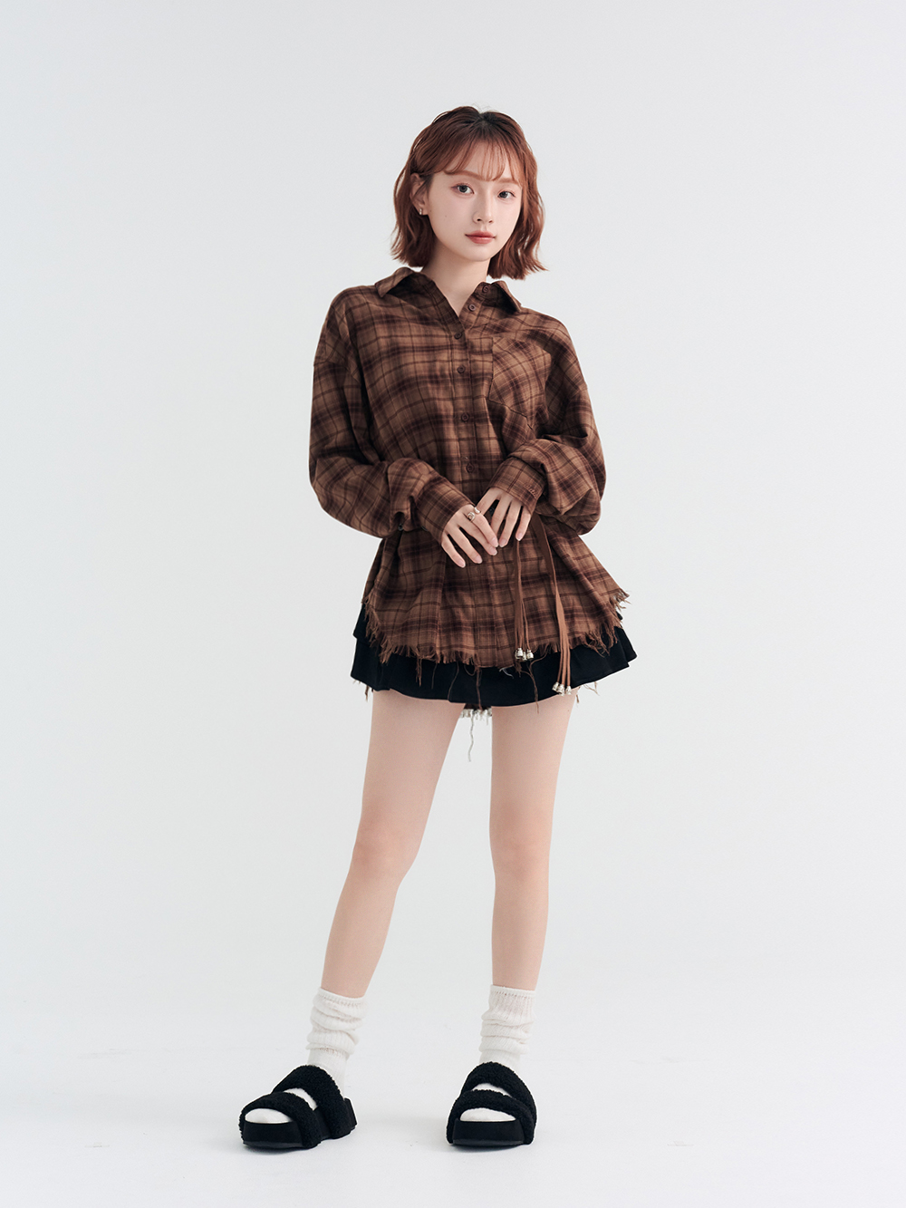 QQ小捲毛一字雙帶厚底拖鞋 黑色