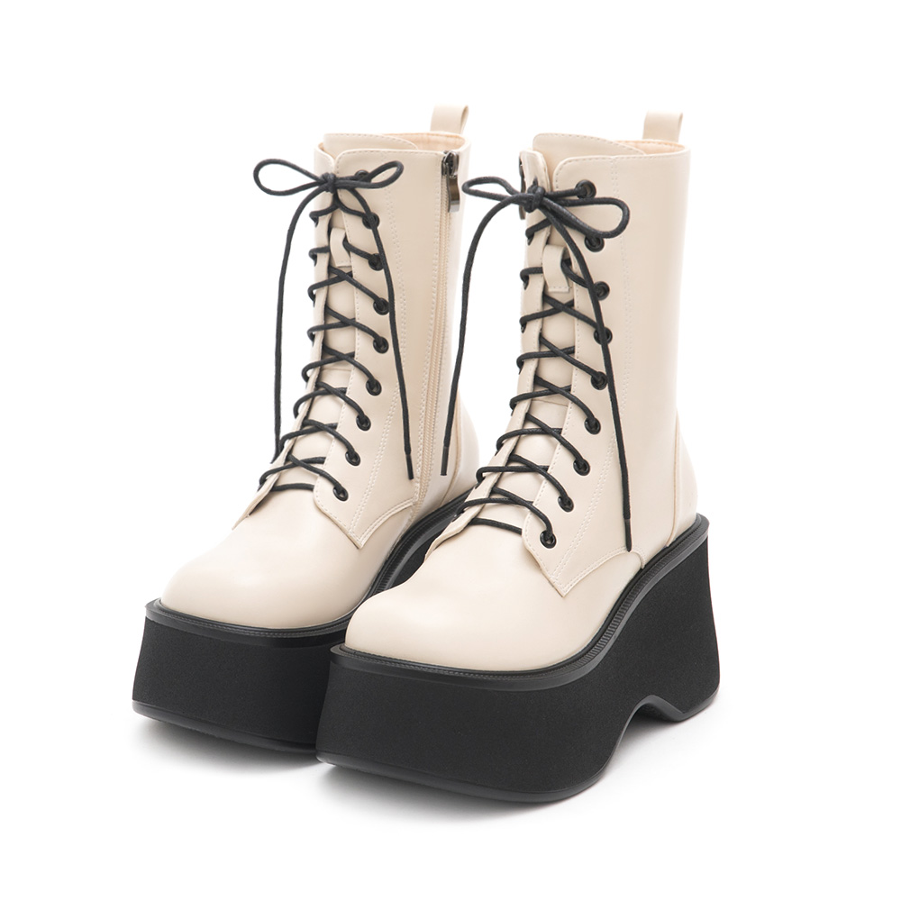 K-pop Girl Thick-Sole Lace-Up Ankle Boots Beige