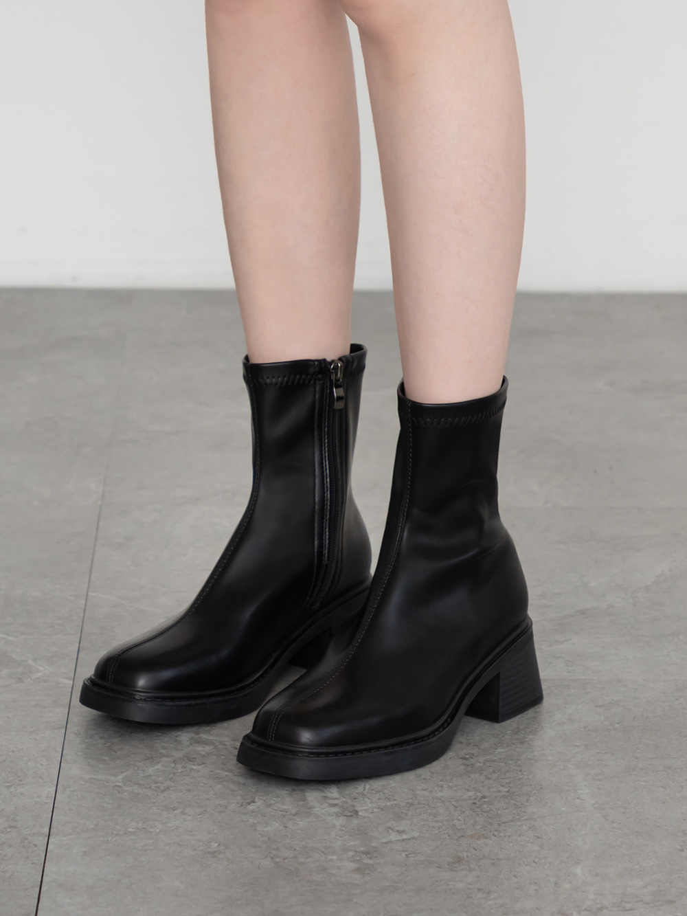 美拍風格方頭木紋跟瘦瘦靴 黑