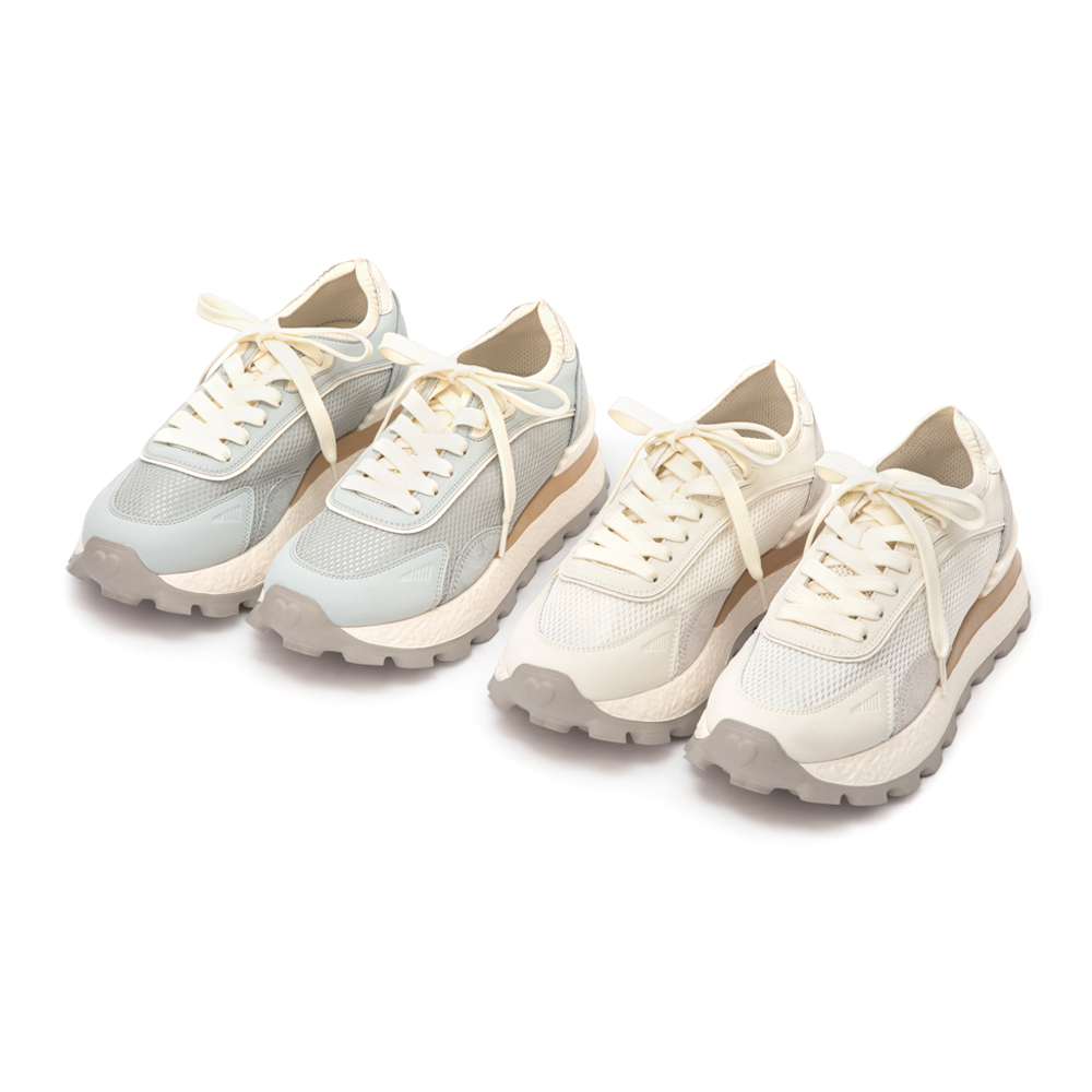 韓潮拼色輕量厚底增高休閒鞋 米白色