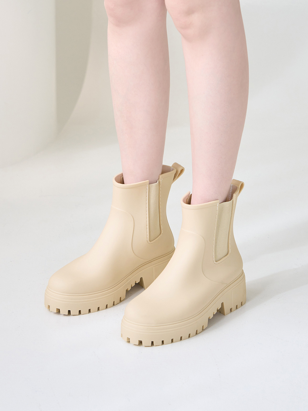 【機能鞋墊】鬆緊拼接內增高切爾西雨靴 米白色