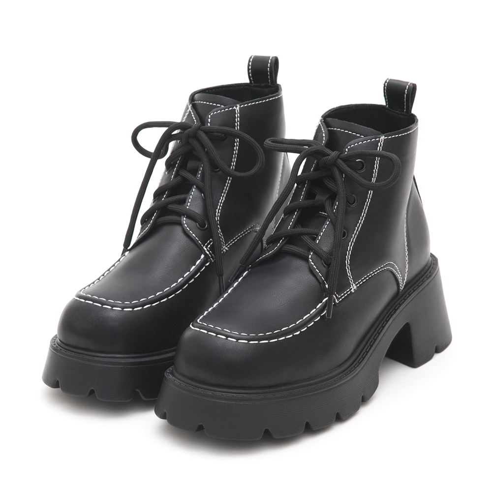 Contrast Stitched Chunky Lace-up Boots Black