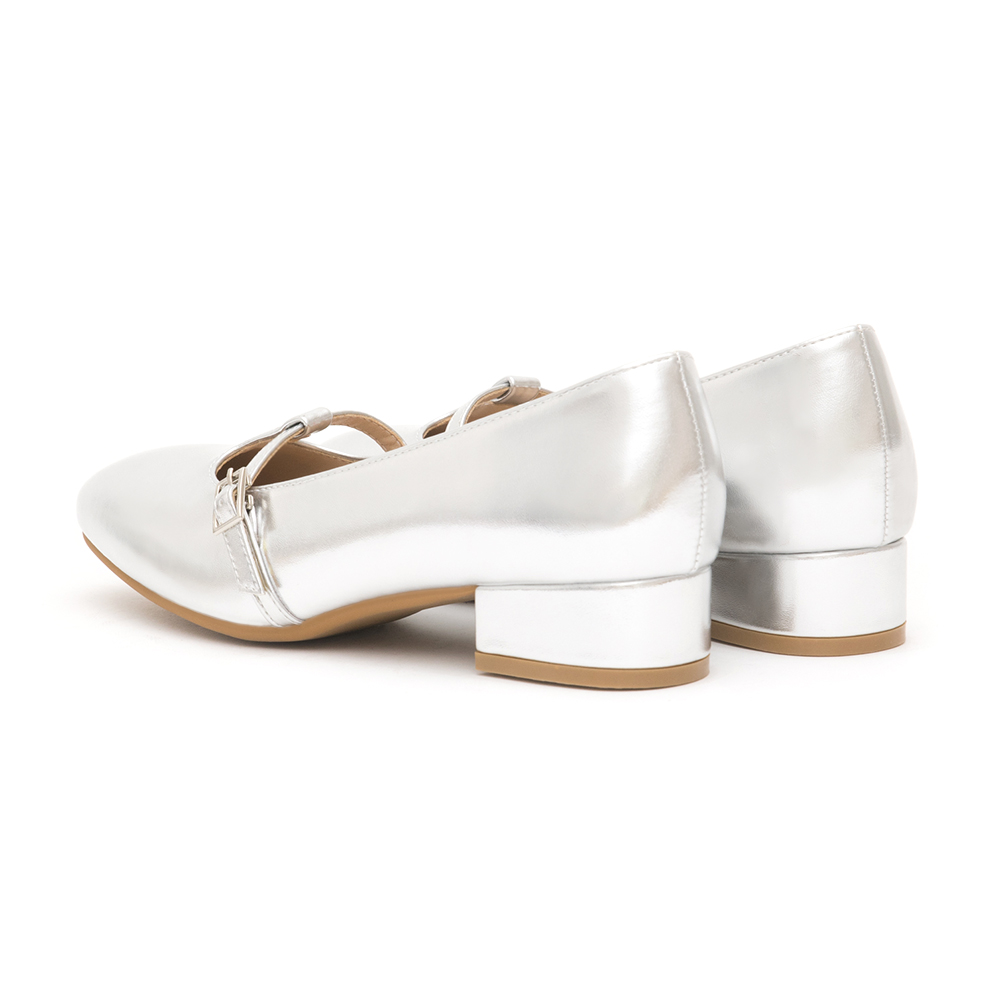 Round-Toe T-Strap Mary Jane Shoes Silver